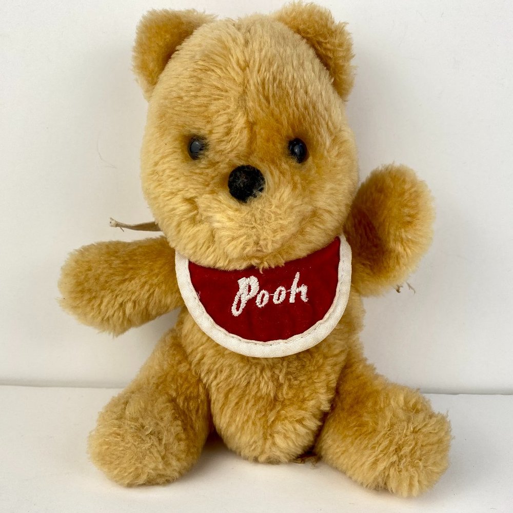 Vintage Disney Pooh Bear Plush, 1960s Winnie the Pooh with bib, NUTSHELLS